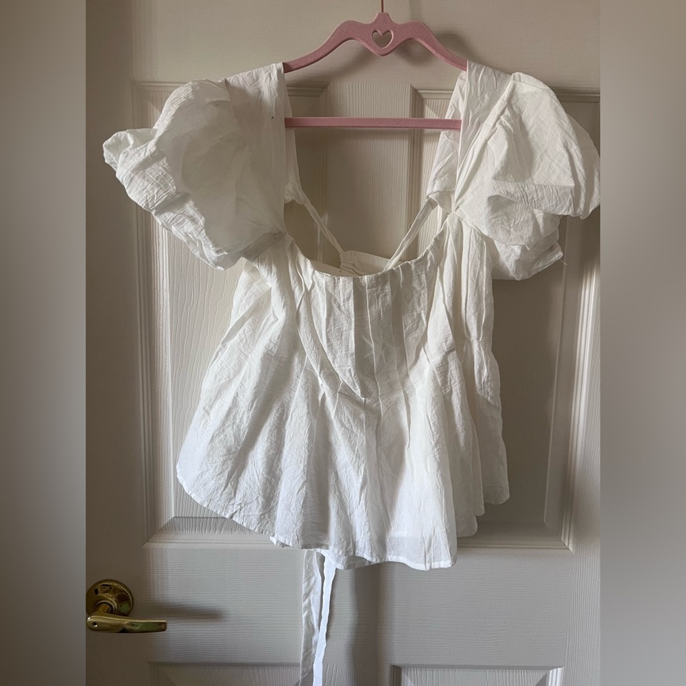 ASTR The Label White Puff Sleeve Tie Back Peasant Top Women Large